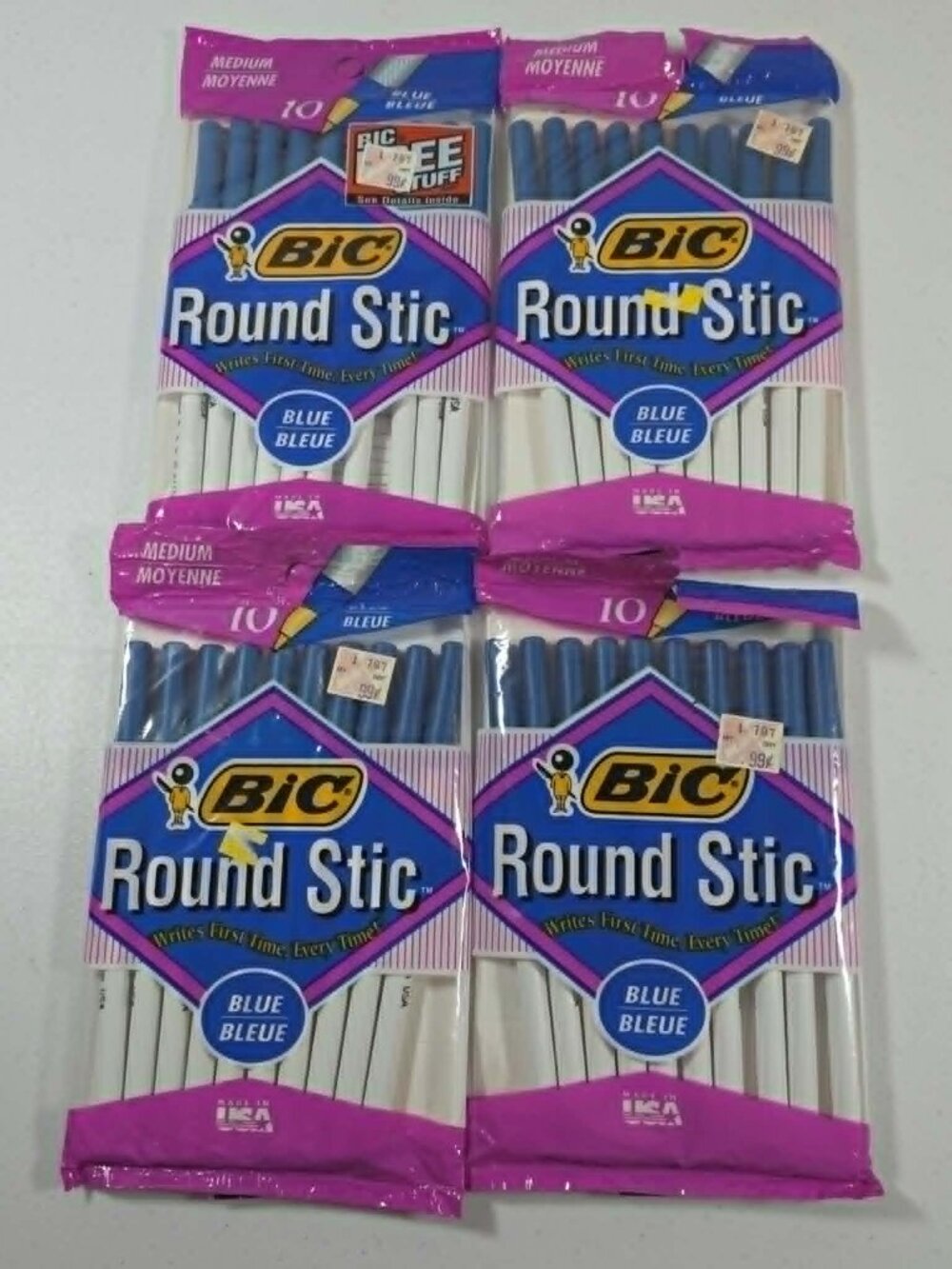 BIC ROUND STIC BALLPOINT PENS VINTAGE 1994 BLUE COLLECTORS MED POINT NOS 4 PACKS